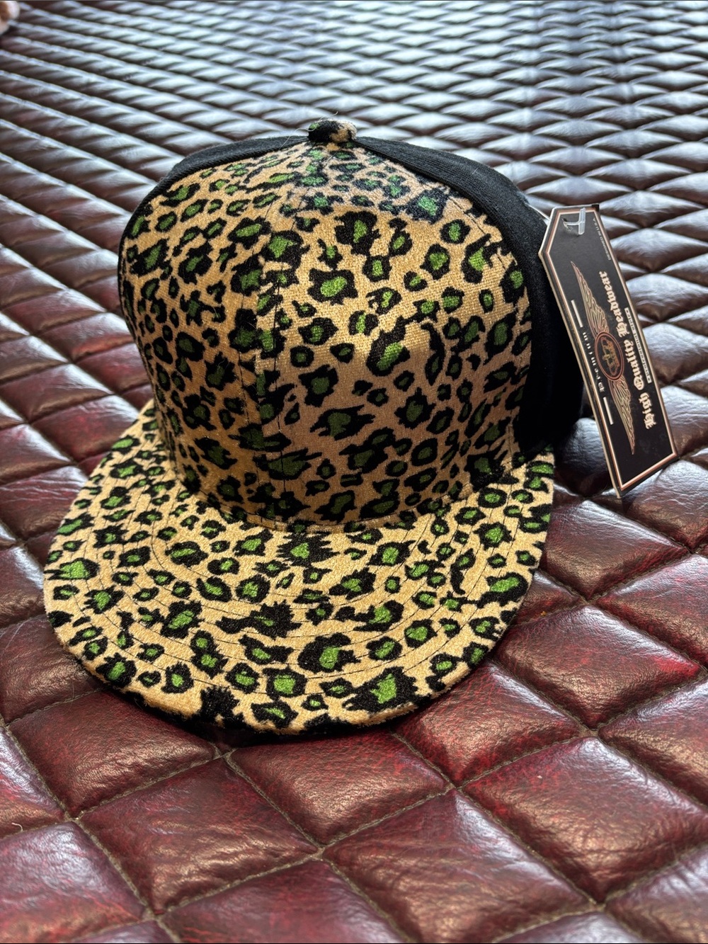 Professional Style Leopard Print Snapback Hat in Tan, Black & Green